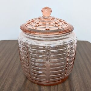1930s Pink Glass Cookie Jar Manhattan Pattern By Anchor Hocking Art Deco W/ Lid